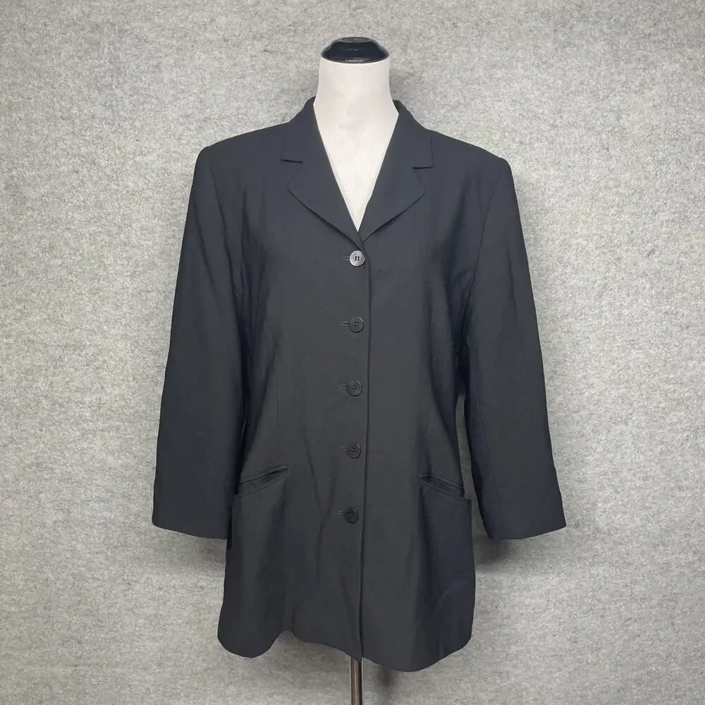 Vtg Nordstrom Blk Worsted Wool Longline Blazer Women 12 USA Made Career Classic